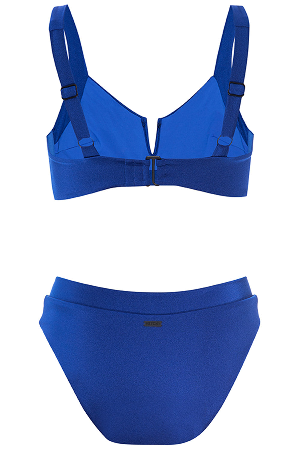 Back view of the Vista bikini shiny blue set on the white background
