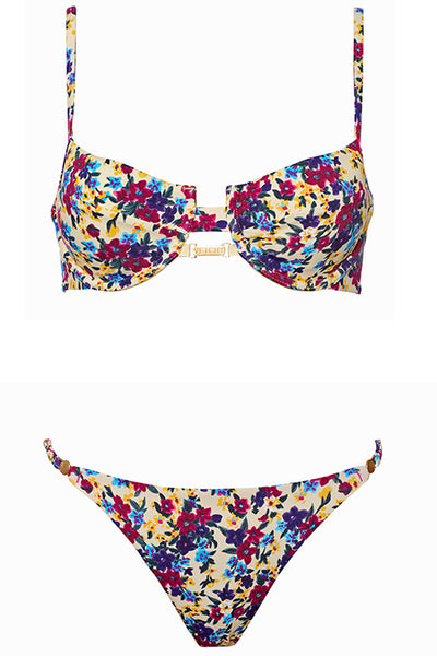 Bondi Bikini Vintage Floral Set on white background front view.
