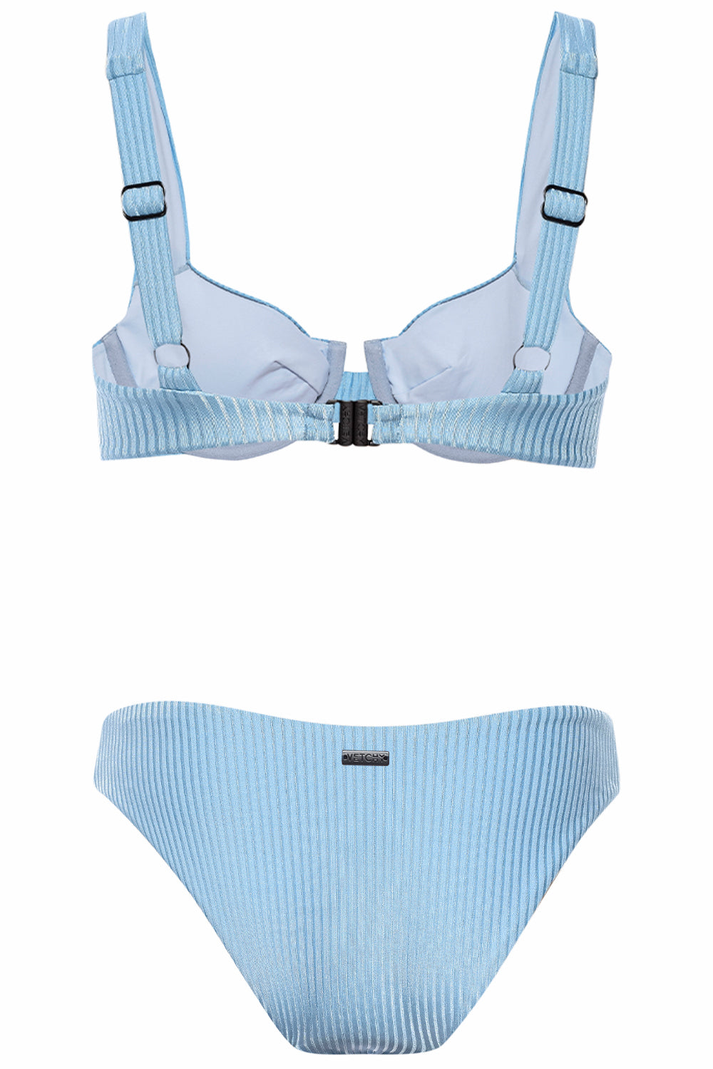 Laguna bikini baby blue ribbed set on a white background back view.