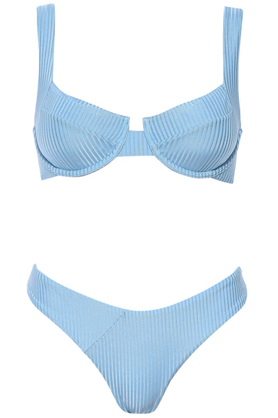 Laguna bikini baby blue ribbed set on white background front view.