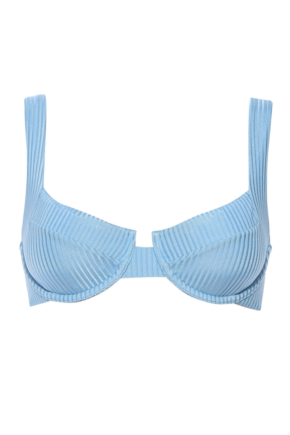 Top of Laguna bikini baby blue ribbed on a white background front view.