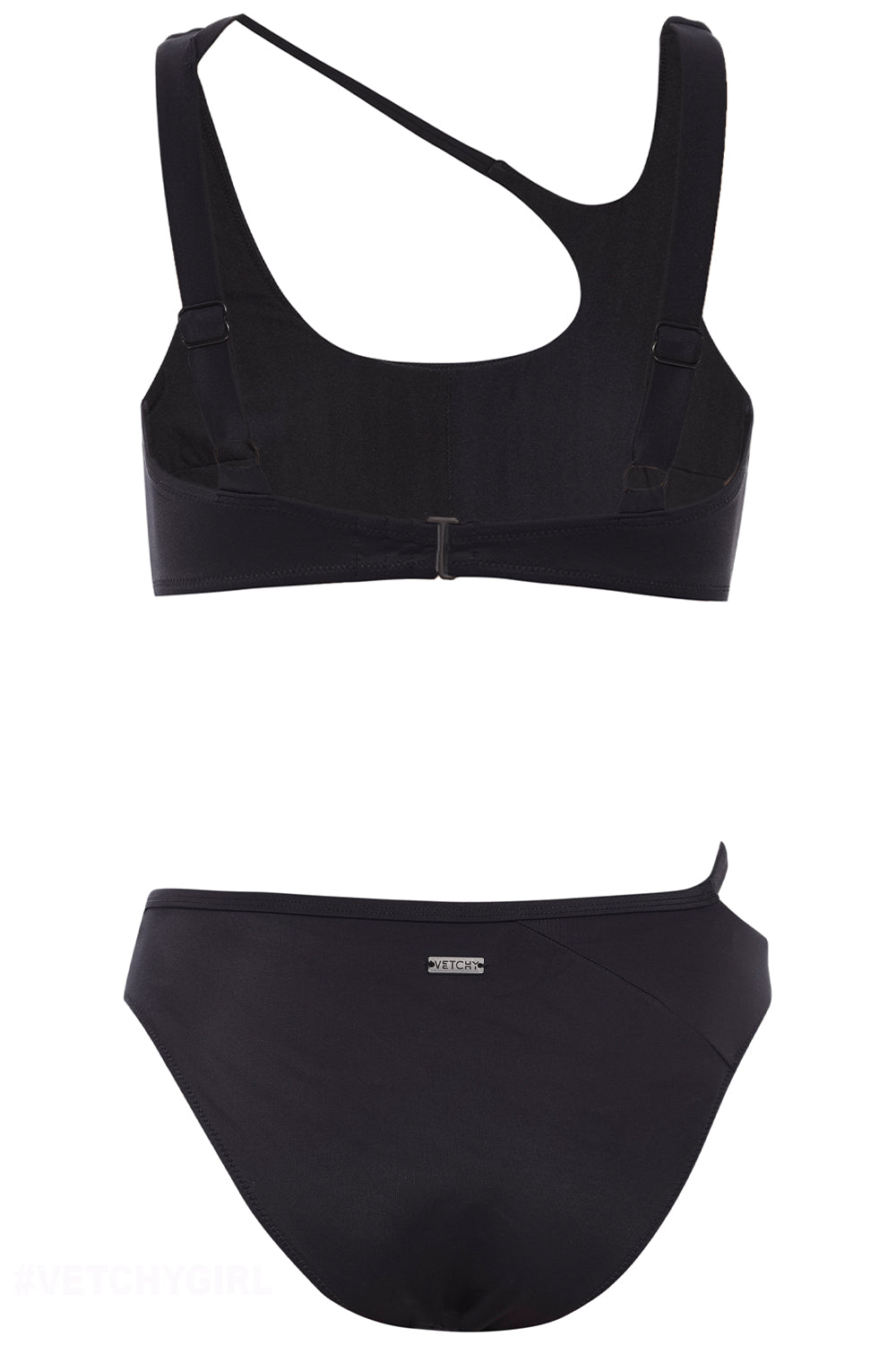 Asymmetric Bikini Black Set on white background back view.