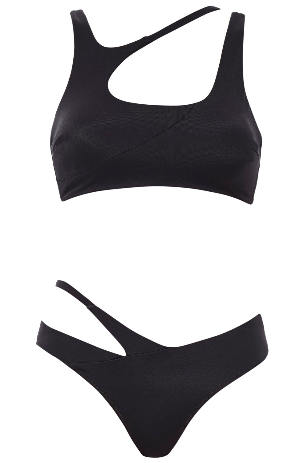 Asymmetric Bikini Black Set on white background front view.