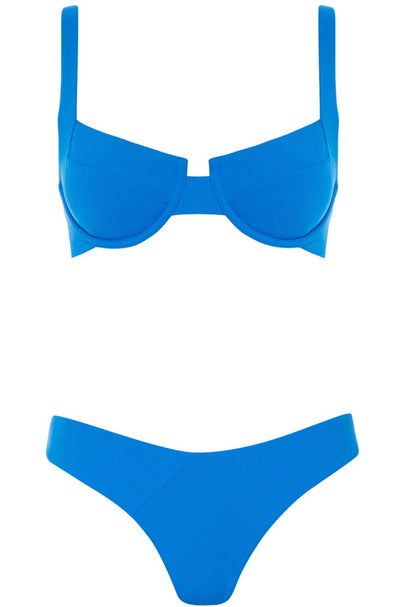 Laguna Bikini Blue Ribbed Set on white background front view.