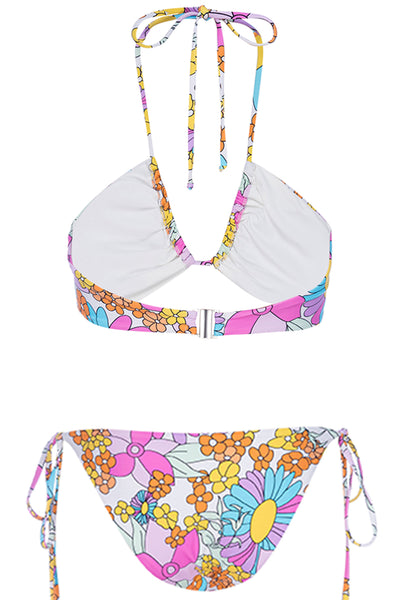 Floral Triangle Bikini Set on white background back view.