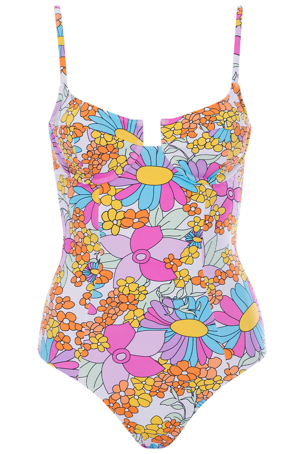 Close-up front view of a woman wearing the Montego Underwire Floral Swimsuit.