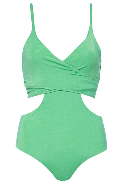 Waikiki Green Swimsuit on white background front view.