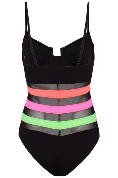 Back view of the Montego Underwire Mesh Swimsuit. It has adjustable straps and 3 colorful stripes at the back. 