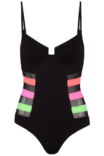 Front view of the Montego underwire Mesh Swimsuit. It's black with 3 colorful stripes at the sides. 