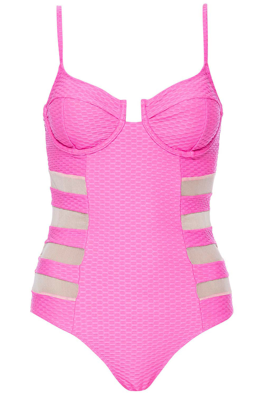 Mesh Underwire Pink Swimsuit on white background front view.