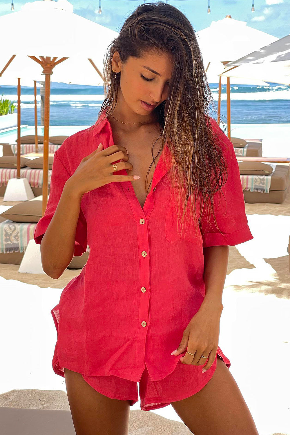 Front view of a woman wearing the Linen Red Set.