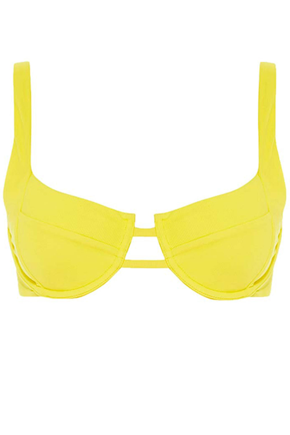 Top of Margarita Bikini Yellow Ribbed Set on a white background front view.