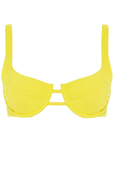 Top of Margarita Bikini Yellow Ribbed Set on a white background front view.